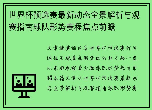 世界杯预选赛最新动态全景解析与观赛指南球队形势赛程焦点前瞻